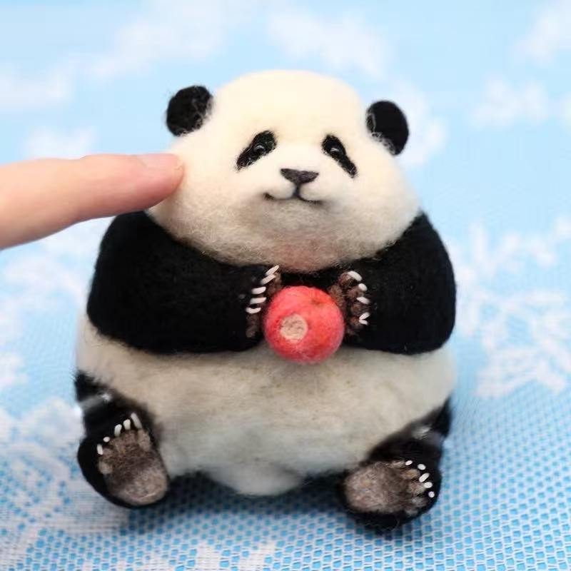 Handmade Wool Felted Panda Figurine with Rose — Palm-Sized Keepsake