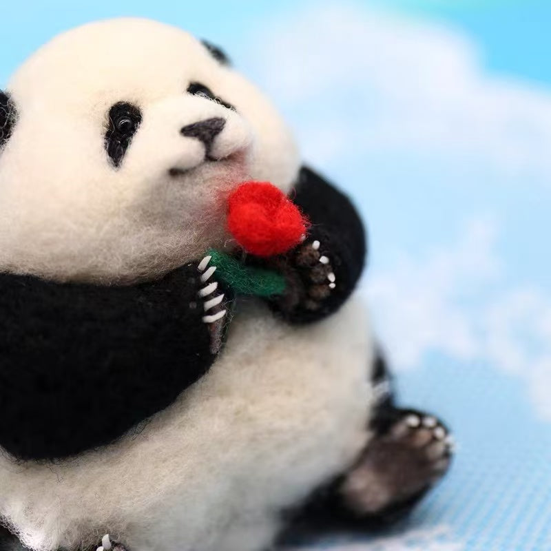 Handmade Wool Felted Panda Figurine with Rose — Palm-Sized Keepsake