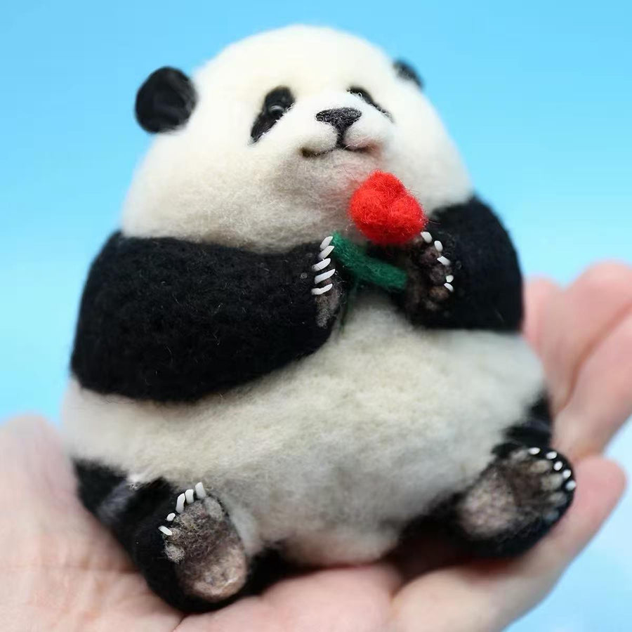 Handmade Wool Felted Panda Figurine with Rose — Palm-Sized Keepsake