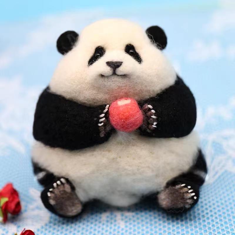 Handmade Wool Felted Panda Figurine with Rose — Palm-Sized Keepsake